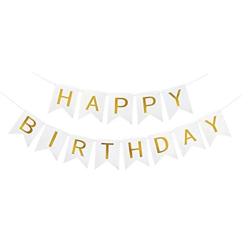 White Happy Birthday Banner with Shiny Gold Letters, Swallowtail Design Hanging Signs Party Decorations Cover