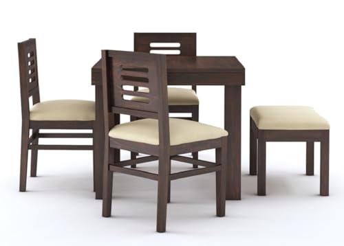 Image of MAMTA DECORATION Sheesham Wood 4 Seater Dining Table Set | Four Seater Dinner Table with 3 Cushions Chairs & 1 Bench | Dinning Table Set 4 Seater for Living Room, Hotels & Restaurant, Walnut Finish