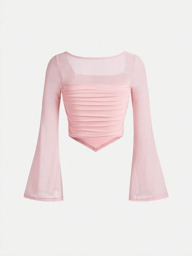 Floerns Girls Bell Long Sleeve Square Neck Asymmetrical Hem Mesh Ruched Crop Tops Tees2