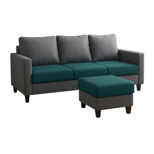 Image of FURNY Arnold 4 Seater L Shape Sofa Set with Movable Ottoman | Flexible Left or Right Layout | Plush Velvet Fabric (Dark Grey-Greenish Teal) | Perfect for Living Room, Guest Room & Office