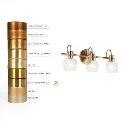 Image of KSANA Bathroom Vanity Light, 3-Light Gold Bathroom Light Fixtures, Electroplated Copper Modern Vanity Lights for Bathroom with Globe Clear Glass Shades