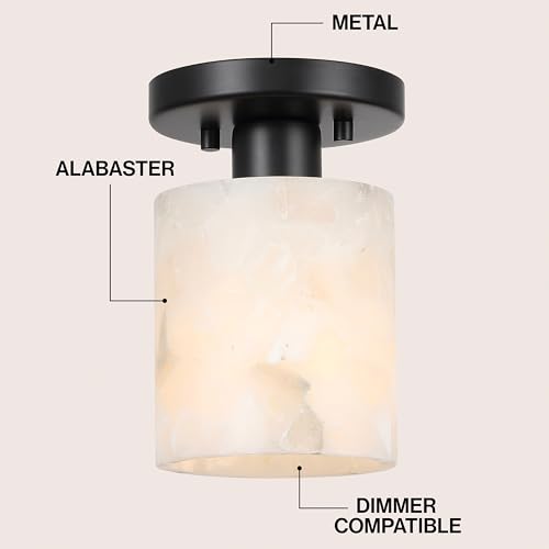 JONATHAN Y 5.13" White 1-Light Marbling/Black Modern LED Semi Flush Mount Ceiling Light, White Marbled Alabaster Cylinder Shade, Minimalist Fixture for Hallway, Bedroom, Bathroom, Closet (JYL1206B) by JONATHAN Y - Used condition - Image 4