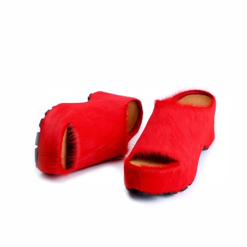 Image of XOBZJH Long-Hair Calfskin Chunky Clog Slide for Women - Memory Foam Luxury Slip on Shoes Women's Mules & Platform Clogs,Designer Mules for Women 2025