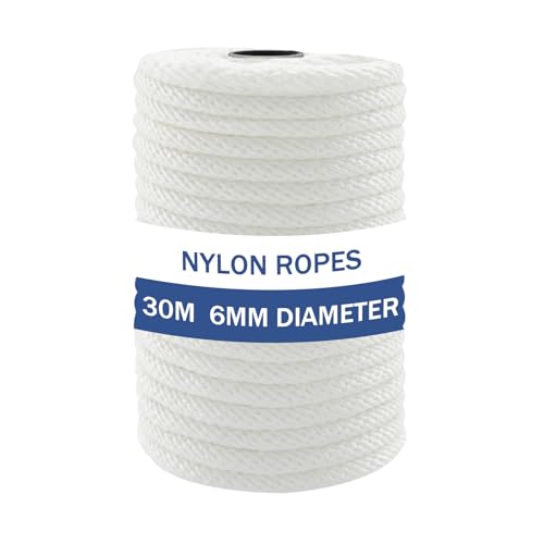 NQ 6mm Dia x 30 Meters Nylon Rope, 1/4 inch Nylon Cord for Outdoor, Camping, Hiking, Heavy Duty Rope, DIY String for Crafts, Clothesline, Swing(White)
