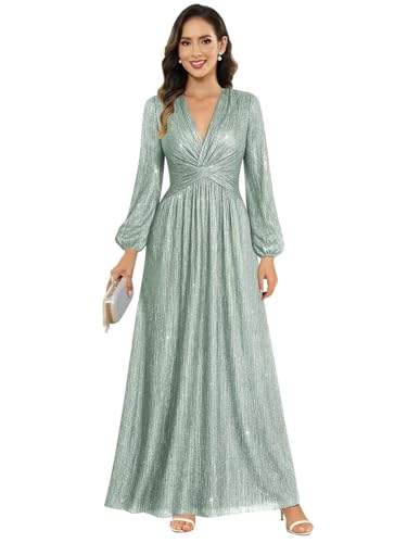 Image of Women's Formal Wedding Guest V Neck Glitter Sequins Mother of The Bride Dresses Long Sleeve