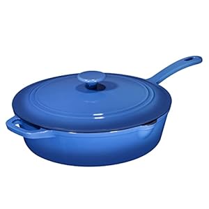 Bruntmor 5qt Blue Enameled Cast Iron Skillets With Lid and handle, Non Stick Cookware And Grill For Casserole Dish, 5 Quarts Cast Iron Skillets Grill Frying Pan,Saute pan,Bakeware