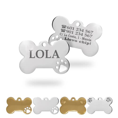 Ibera Gifts - Chapa Perro Grabada en Forma de Hueso con Patas | Placa Perro Personalizada para Perros y Gatos Medianos y Grandes | Placa Identificativa en Acero Inoxidable (Gr. 1 Huella)