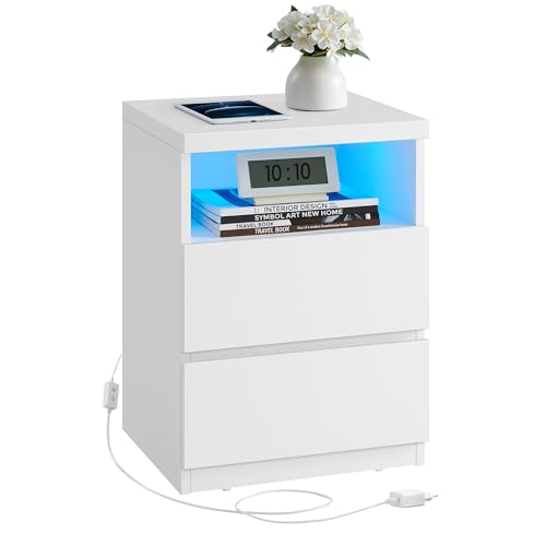 VASAGLE Mesita de Noche con Iluminación LED Ajustable, Mesita Auxiliar con Cajones, Cajonera, Mesa Lateral, para Dormitorio, Sala de Estar, Estilo Moderno, Blanco Nube LET634W01