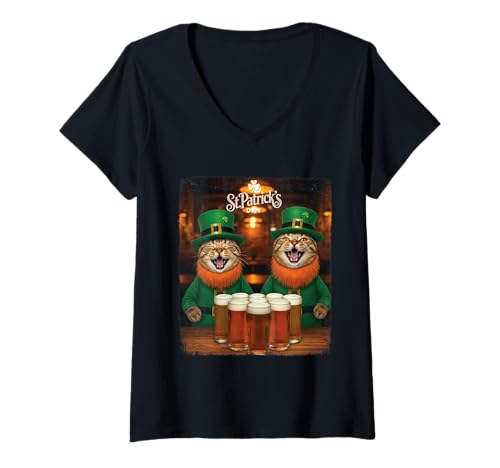 Femme Funny St Patrick Day Cats Selfie Leprechaun Irish Pub T-Shirt avec Col en V
