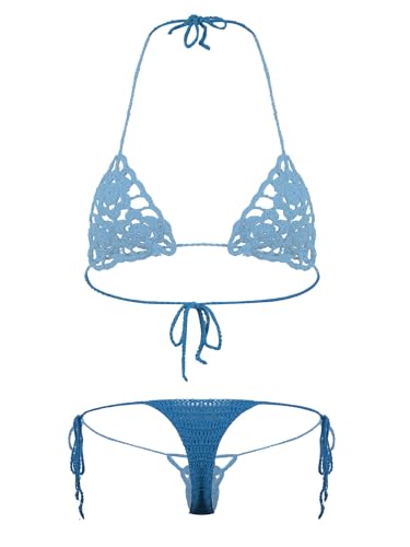 Loloda Lorilida Womens Handmade Micro Bikini Set Crochet G Thong String Sexy Lingerie Sets Bathing Swimsuit Lake Blue Medium thumb #3
