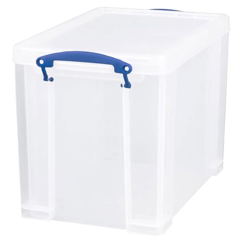 Image of Really Useful Box 19 Liter Plastic Stackable Storage Container w /Snap Lid & Built-in Clip Lock Handles for Home & Office Organization, Clear (4 Pack)