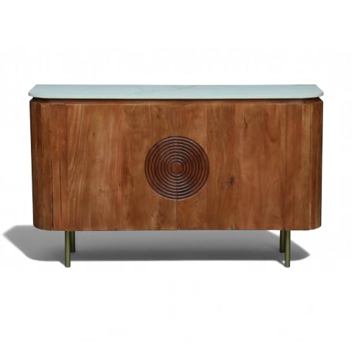 Image of Solid Wood Mandala Sideboard Cabinet with Sintered Stone Top for Living Room | Dark Teak Finish Lacquered with Soft Close Hinge| 140 cm (W) x 39.8 cm (D) x 85 cm (H)