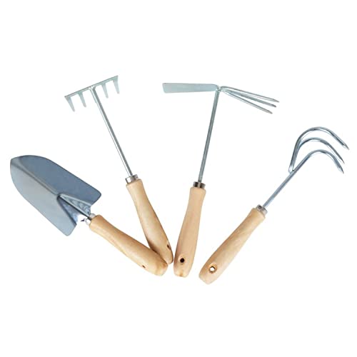 BURI kleine Gartengeräte Set Gartengeräte-Set 4tlg. Blumenkelle Grubber Rechen Doppelhacke Schaufel Harke Hacke kleine Gartenwerkzeuge Set Gartenarbeit Garten Werkzeug aus Metall mit Holzgriff