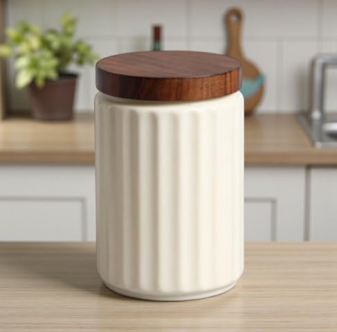 Image of 'Classic White Line' Airtight Ceramic Jar - 100ml Each - Wooden Lid - Kitchen Containers for Sugar, Tea, Salt, Pickles, Pulses & More (While Lines)