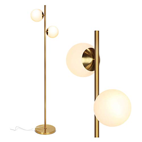 Brightech Sphere Floor Lamp for Living Room, Mid-Century Modern 2 Globe Pole Light for Bedroom, Bright LED Standing Lamps for Offices, Contemporary Living Room Décor – Gold/Antique Brass