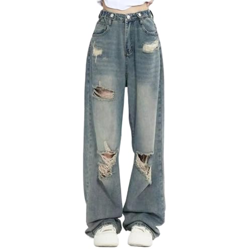 Women's Retro Hole-Punched Jeans Women High Waist Straight-Crotch Loose Slim Design Wide-Legged Dragging Pants