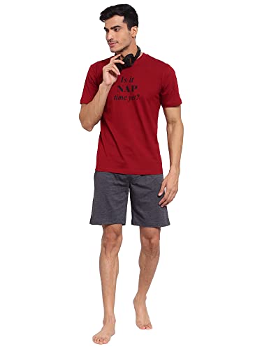 Image of Style Quotient Men Maroon & Grey Printed Pure Cotton 2 Pc Night Suit