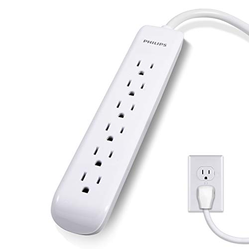 Philips 6 Outlet Power Strip Surge Protector, 4ft Power Cord, Flat Plug, Wall Mount, 720 Joules, ETL Listed, Circuit Breaker, Automatic Shutdown, White, SPP3064WE/37