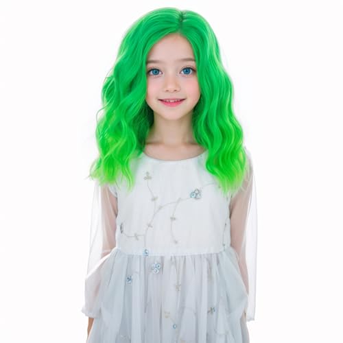 MEDO Green Wig for Kids - Short Wavy Synthetic Fiber Wig, Ombre Green, Shoulder Length, Cosplay Party Costume, Side Part