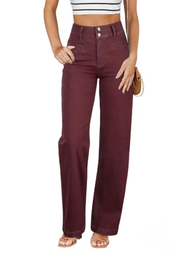 Sidefeel Women's Wide Leg High Waisted Stretchy Jeans, Burgundy, Size 14