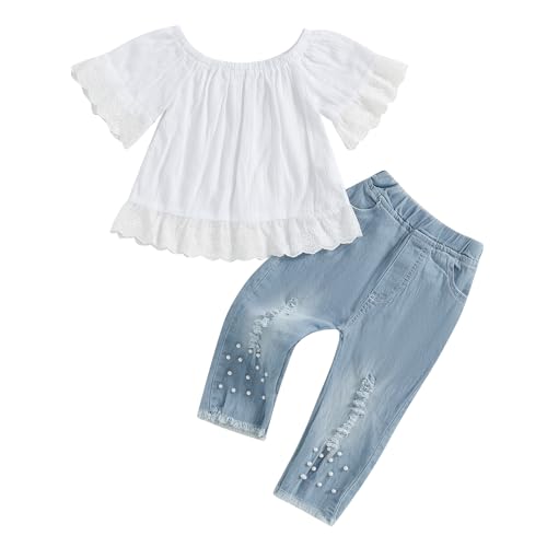 Image of Toddler Baby Girl Outfit Lace Trim Short Sleeve Shirt + Pearls Decor Elastic Waist Jean Pants 2Pcs Clothes Set