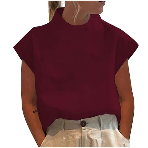 Cotton Linen Shirts for Women Summer Casual High Neck Cap Sleeve Tops Tee Trendy Soft Comfy Business Work Blouses