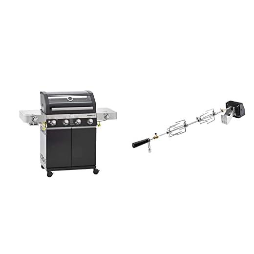RÖSLE Gasgrill BBQ-Station VIDERO G4-S Schwarz, Grill mit 4 Edelstahlbrennern, extra Primezone und Seitenbrenner, klappbare Seitentische, VARIO+, Version2021 & Drehspieß, Traglast 6kg, Edelstahl 18/10