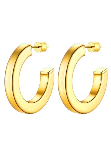 Image of Stainless Steel Chunky Hoop Earrings For Women, Minimalist and Chic, Black /Gold Plated, Round Hoops Earrings Hypoallergenic, Size: 30mm /40mm /60mm /80mm, Come with Box