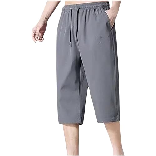Mens Below Knee 3/4 Capri Pants Summer Quick Dry Lightweight Hiking Cargo Long Shorts Beach Yoga Trousers No Belt