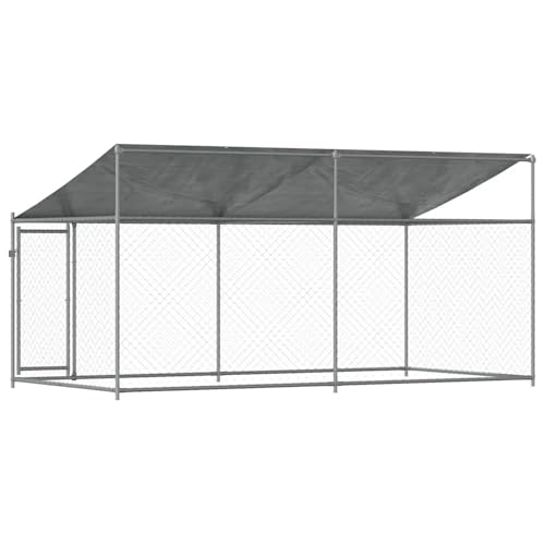 Gecheer Hundezwinger mit Dach und Tür Grau 4x2x2 m Verzinkter Stahl, Hundezwinger Freilaufgehege für große Hunde Garten Camping Outdoor