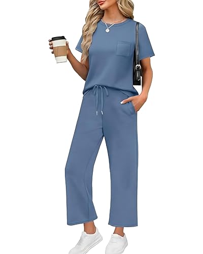 El Mejor Listado de Ferrioni Ropa Mujer del mes. 42 Conjunto de 2 Piezas para Mujer, Playera Tipo Polo y Pantalón, Ropa de Verano (Azul, XXL)