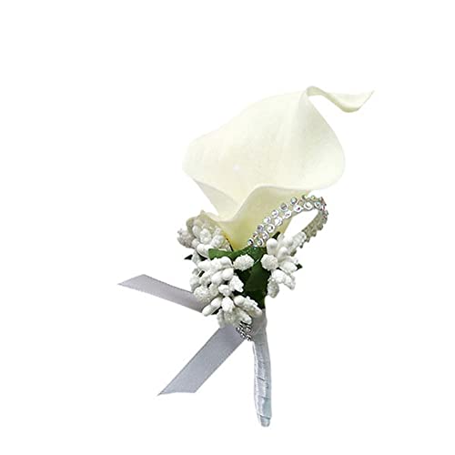 SHTGOI Calla Lily Boutonniere Künstlicher Blumenstrauß Strass Brosche Handgefertigte Ansteckblume mit Sicherheitsnadel Blume Corsagen Hochzeit Zubehör für Braut Bräutigam Milchig Weiß