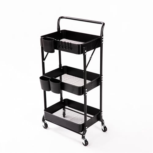 Estante de almacenamiento de hierro de tres capas con reposabrazos, de pie, móvil, para sala de estar, cocina, dormitorio, color negro