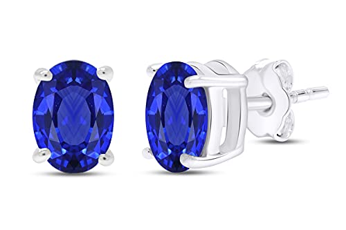 Birthstone Stud Earrings for Women, 10X8MM Oval Simulated Gemstone Studs in 14K White Gold Over Sterling Silver Push Back Earrings, Jewelry Gift for Her