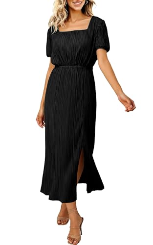 Image of ECOWISH Women Maxi Dresses Cocktail Party Wedding Guest Formal Pleated Long Dress Short Sleeve Slit Empire Waist Evening Gown