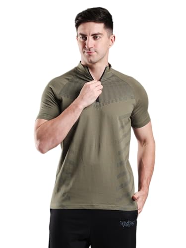 Image of GROW Stylish Aeroflex Zip T Shirt for Men Workout | Cotton and Spandex Quarter Zip Back Printed Collar T-Shirts for Men Half Sleeves
