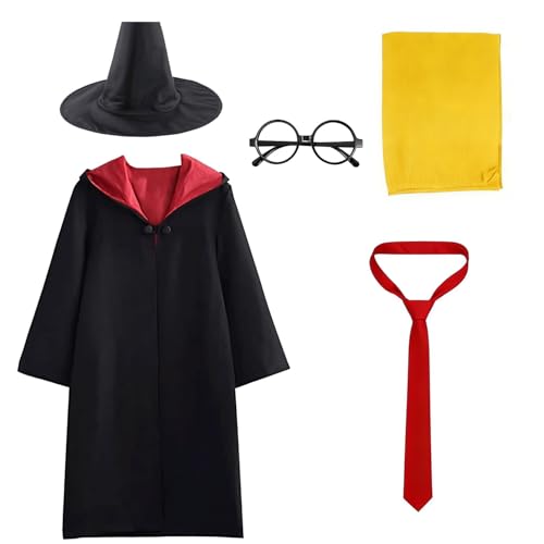 WELLXUNK Costume de Magicien, Déguisement Adulte Enfant avec Cape, Cravate, Echarpe, Baguette, Lunettes noires rondes, Chapeau de sorcier, Baguette, Costume...