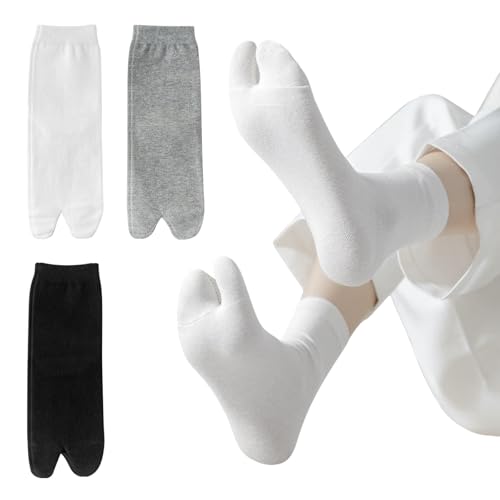 FIYIGO 3 Pairs Tabi Socks for Women Split Two Toe Tabi Flip Flop Socks Soft Cotton Elastic Japanese Sandal Slipper - 1 White 1 Black 1 Grey