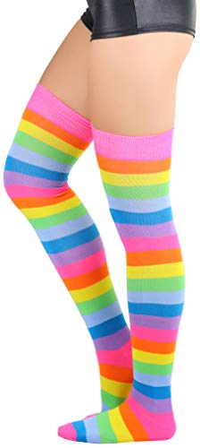Image of ToBeInStyle Women's Bright Vibrant Rainbow Striped Thigh High Rave Stockings