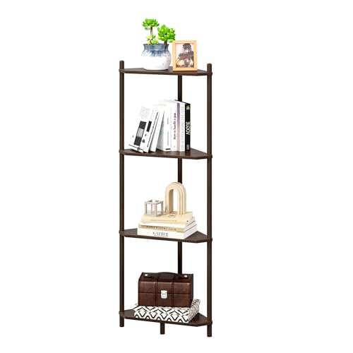 Wisuce Essentials Corner Shelf Stand - 4 Tier Bamboo Small Corner Bookshelf for Office Kitchen Bedroom Plant Stand Living Room Decor Small Space (Brown, 4 Tier)