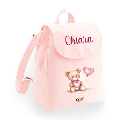Caribu design Zainetto Bambino Bambina 100% Cotone Organico Personalizzato con Nome - Zaino Piccolo da Bimbo - Cartella Personalizzabile per Scuola Asilo Materna Sport Gite Viaggi 22x30x12 cm (Rosa)