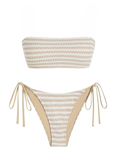 Image of ZAFUL Women Strapless Textured Bandeau Bikini 2 Piece Swimwear Cheeky Solid Lace up Bathing Suits