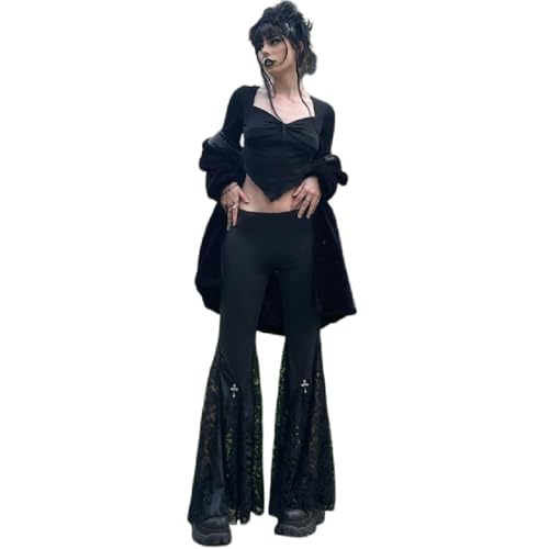 Women's Gothic Lace Flared Pants Wide Leg Palazzo Pants High Waist Mesh Bell Bottom Trousers for Party Festival Dance4
