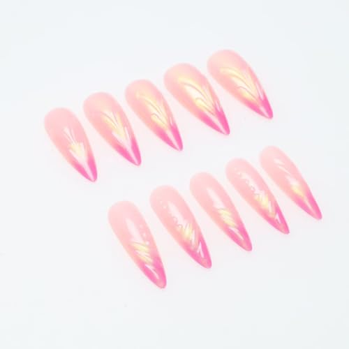 Image of Pink Ombre French Tip Press on Nails Long Stiletto Fake Nails 3D Swirl False Nails with Design Glossy Glue on Nails Artificial Acrylic Full Cover Nude Stick on Nails for Women Summer Manicure 24Pcs