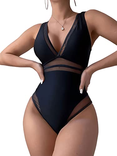 GORGLITTER Damen Einteiliger Badeanzug mit Netzstoff Tankini V-Ausschnitt...