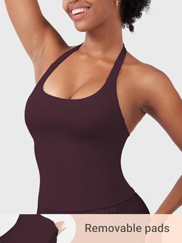 Image of YEOREO SoftHue Women's Impact Halter Tank Top Longline Backless Scoop Neck Built-in Bra Sports Workout Gym Crop Top
