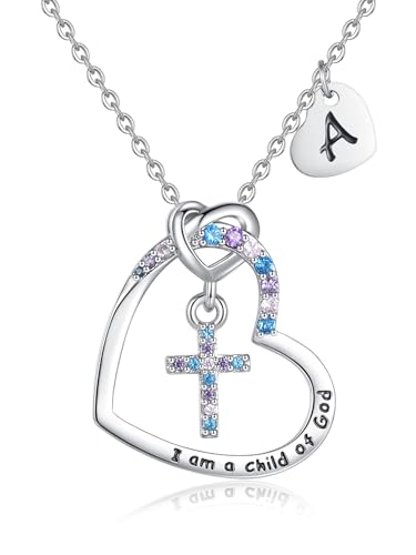 Cross Necklace for Girls | I am a child of God Necklace for Girls | Cross Birthstone Necklace | Heart Letter initial Necklace | 18K White Gold Plated Pendant Jewelry First Communion Baptism Gifts Christmas Birthday Gifts for Girl Women