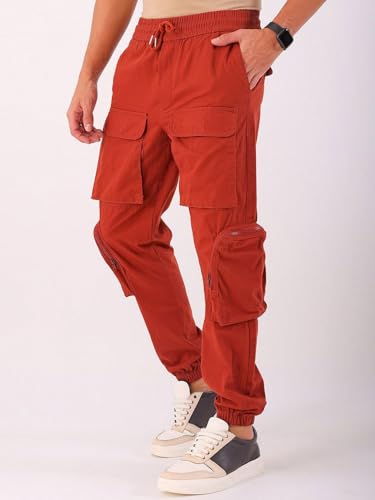 Image of The Indian Garage Co Men Regular Fit Solid Mid-Rise Elasticated Cuffed Cargo Joggers