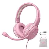SIMOLIO キッズヘッドフォン マイク付き 学校用 75/85/94dB 有線ヘッドフォン ブームマイク付き iPad PC ノートパソコン ゲーム用 オーバーイヤーピンク ステレオコードヘッドセット 女の子 子供 ティーン 学生 KD-1P