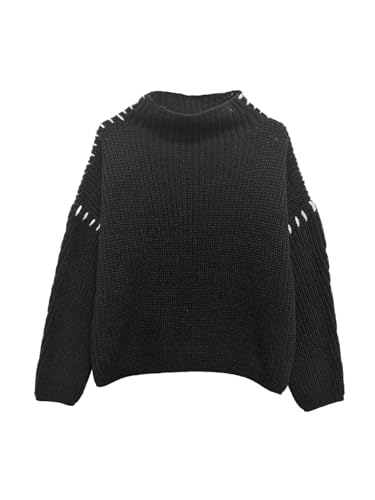 OYOANGLE Women's Chunky Knit Sweaters Contrast Stitching Mock Neck Oversized Pullover Jumper Top 2025 Fall Outfits Black Medium
